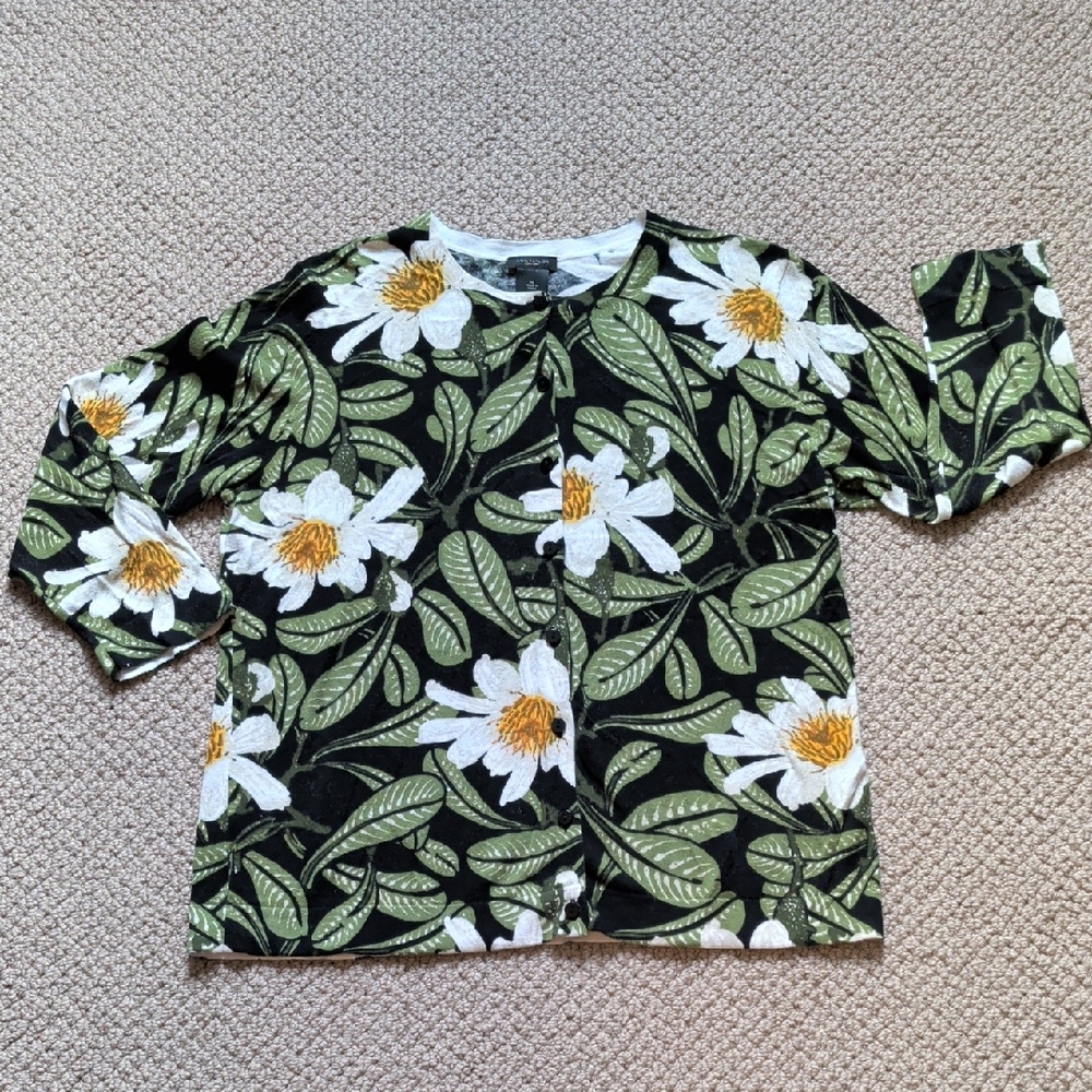 Ann Taylor Floral Black and Green Cardigan